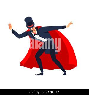 Showman spreizung der Hände, Show beginnt. Zauberer trägt Anzug, roten Mantel und Hut stehen. Schneemann posiert verspielt und schaut zur Seite lächelnd fröhlich Stock Vektor