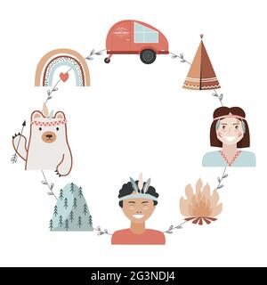 Kinder Camping-Konzept im Tribal-Stil, Abenteuer-Rahmen mit Platz für Text. Freizeit und Outdoor-Reisen Hintergrund, Vektor-Illustration Stock Vektor