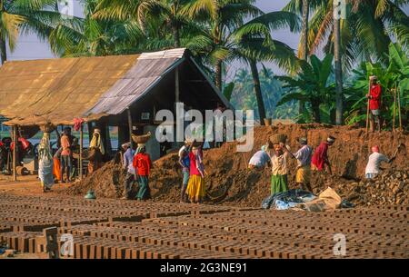 PAVAVOOR, STAAT KERALA, INDIEN - Wanderarbeiter aus Tamil Nadu arbeiten in einer Ziegelfabrik Stockfoto