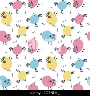Coole nahtlose bunte Muster mit lustigen Doodle Vögel. Niedliches Textildesign für Kleidung, Bettwäsche, Bezüge, Kindertapete, Geschenkpapier. Stock Vektor