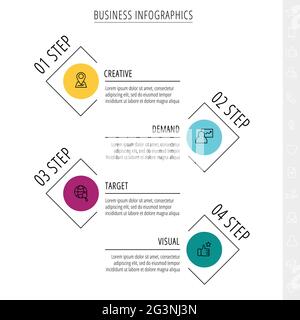 Infografiken für dünne Linien mit vier Kreisen und Beschriftungen. Timeline-Vorlage mit 4 Schritten für die Anwendung, das Unternehmen, die Website, die Benutzeroberfläche, das Diagramm, Ebenen Stock Vektor