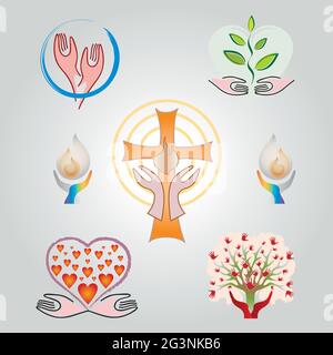 Set aus sieben Spiritualität, Religions-Ikonen Stock Vektor