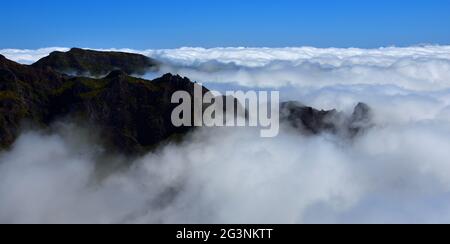 Pico do Areeiro Madeira ragt über den Wolken mit blauem Himmel über. Stockfoto