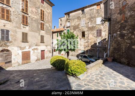 Sonniger Platz im Zentrum des Dorfes Cervione. Korsika, Frankreich Stockfoto