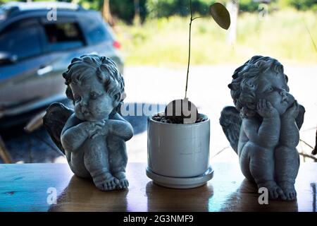 Klassische Retro-Vintage-Kinderengel-Statue und kleine Baumkanne schmücken im modernen Café und Restaurant-Café in Nakhon Pathom, Thailand Stockfoto