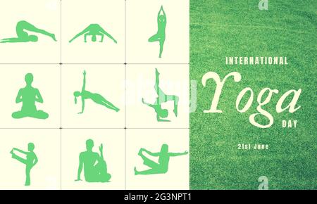 Internationaler Yoga-Tag am 21. Juni. Silhouette von Frau und Mann, die Asana in Grün tun. Nature Connection Yoga Poses Konzept Illustration Banner Stockfoto