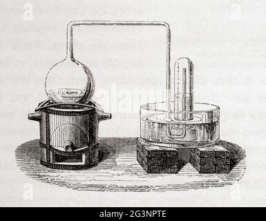 Lavoisiers Apparatur zur Analyse der Luft. Antoine-Laurent de Lavoisier, 1743. – 8. Mai 1794, alias Antoine Lavoisier. Französischer Adliger und Chemiker. Aus Le Savant du Foyer ou Notions Scientifiques Sur Les Objets Usuels de la Vie, veröffentlicht 1864 Stockfoto