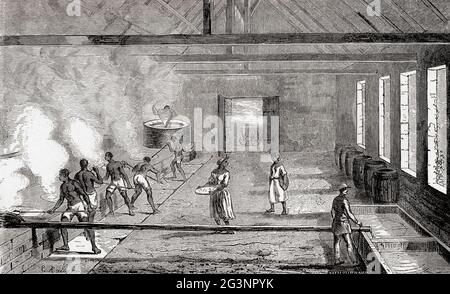 Sklaven, die an der Verdampfung von Saft aus dem Zuckerrohr arbeiteten, 19. Jahrhundert. Aus Le Savant du Foyer ou Notions Scientifiques Sur Les Objets Usuels de la Vie, veröffentlicht 1864 Stockfoto