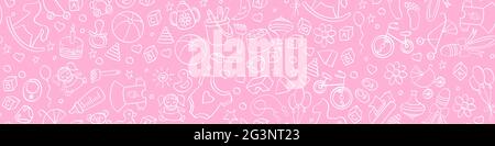 Baby Mädchen nahtlose Muster. Handgezeichnete Kritzeleien mit Kinderartikeln auf rosa Hintergrund. Vektorgrafik. Stock Vektor