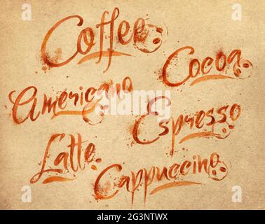 Gezeichnete Namen verschiedener Kaffeesorten, Latte, Cappuccino, Americano, Espresso, Kakaotropfen von Kaffee auf Kraftpapier Stock Vektor