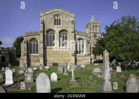 BEDFORD, VEREINIGTES KÖNIGREICH - 14. Jun 2021: Die Abbey Church of St Mary and St Helena im Dorf Elstow, Bedfrodshire. Dies ist der Geburtsort von Jo Stockfoto