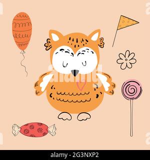 Vektordarstellung eines Tieres verschiedener Art unter Urlaubsartikeln auf einem orangefarbenen Hintergrund. Vektorgrafik Stock Vektor