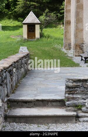 Chapelle. Chemin de Croix. Les Contamines-Montjoie. Haute-Savoie. Auvergne-Rhône-Alpes. Frankreich. Stockfoto