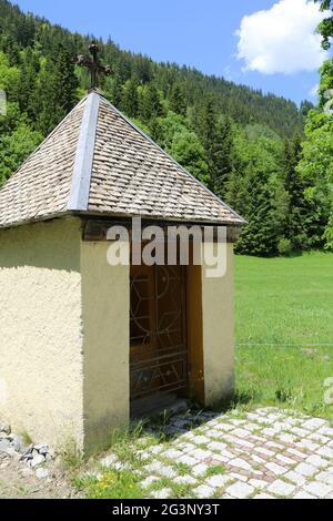 Chapelle. Chemin de Croix. Les Contamines-Montjoie. Haute-Savoie. Auvergne-Rhône-Alpes. Frankreich. Stockfoto