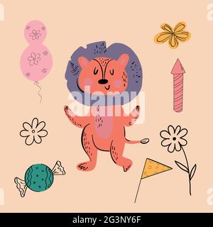 Vektordarstellung eines Tieres verschiedener Art unter Urlaubsartikeln auf einem orangefarbenen Hintergrund. Vektorgrafik Stock Vektor