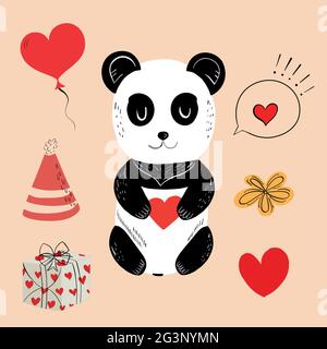 Vektordarstellung eines Tieres verschiedener Art unter Urlaubsartikeln auf einem orangefarbenen Hintergrund. Vektorgrafik Stock Vektor