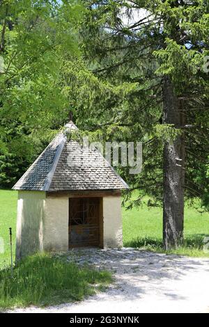 Chapelle. Chemin de Croix. Les Contamines-Montjoie. Haute-Savoie. Auvergne-Rhône-Alpes. Frankreich. Stockfoto