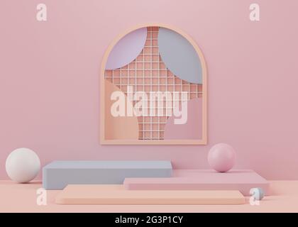 3d-Rendering von Pastell minimal Displays Podium oder Sockel für Modell und Produktpräsentation mit abstrakten einfachen geometrischen Formen Hintergrund. Stockfoto