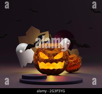 Abstrakte Halloween-Thema Hintergrund der leeren Podium-Display für Produkte Präsentation und Mock up. Kürbisse Jack O'Laterne mit Geistern und fliegenden Fledermäusen Stockfoto