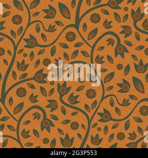 Moderne indische Blumen Stil Vektor nahtlose Muster Hintergrund. Terrakotta-Ocker-Salbeigrün abstrakte Blumen und Blätter auf gewundenen Stielen auf einem strukturierten Stock Vektor