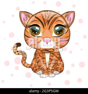 Bengal Katze mit schönen Augen im Cartoon-Stil, Hybrid, bunte Illustration für Kinder. Bengalkatze mit charakteristischen Flecken und Farben Stock Vektor