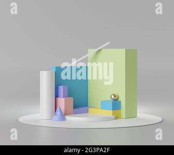 3d-Rendering von leerem Podium in Pastellfarben. Leerer Sockel und Ladenfront mit klarem Design. Minimale Szene für die Produktanzeige. Abstrakter Standfuß Stockfoto