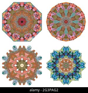 Handgemaltes Kunstdesign. Farbe handgezeichnete Illustration Set von 4 Mandalas für die Dekoration Stock Vektor