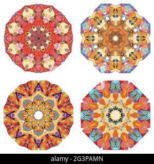 Handgemaltes Kunstdesign. Farbe handgezeichnete Illustration Set von 4 Mandalas für die Dekoration Stock Vektor