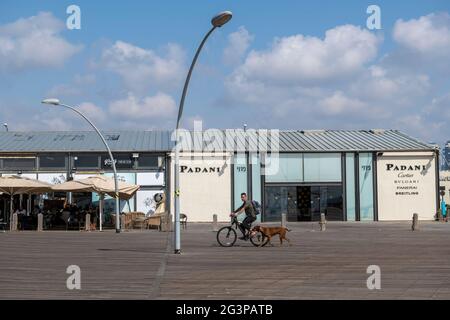 Der Mann mit seinem Hund erkundet das Handels- und Unterhaltungsviertel Namal Tel Aviv im Hafen von Tel Aviv. Israel Stockfoto