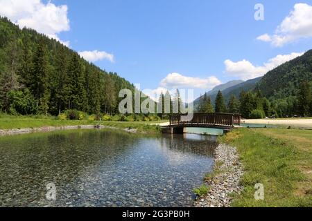 Lac de pêche de du Pontet. Les Contamines-Montjoie. Haute-Savoie. Auvergne-Rhône-Alpes. Frankreich. Stockfoto