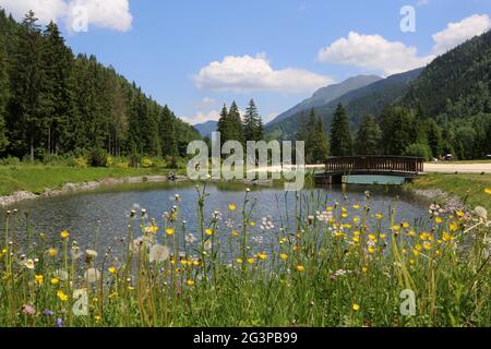 Lac de pêche de du Pontet. Les Contamines-Montjoie. Haute-Savoie. Auvergne-Rhône-Alpes. Frankreich. Stockfoto