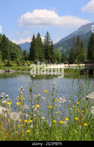 Lac de pêche de du Pontet. Les Contamines-Montjoie. Haute-Savoie. Auvergne-Rhône-Alpes. Frankreich. Stockfoto