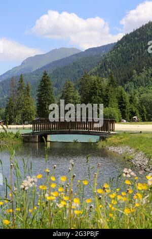 Lac de pêche de du Pontet. Les Contamines-Montjoie. Haute-Savoie. Auvergne-Rhône-Alpes. Frankreich. Stockfoto