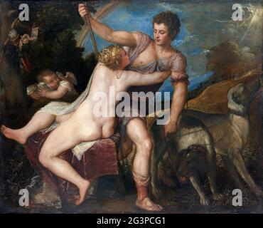 Venus und Adonisvon Tiziano Vecellio (Tizian - 1490-1576), Öl auf Leinwand, 1550er Jahre Stockfoto