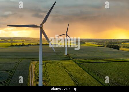 Windturbinen in einem landwirtschaftlichen Bereich in Dänemark Stockfoto