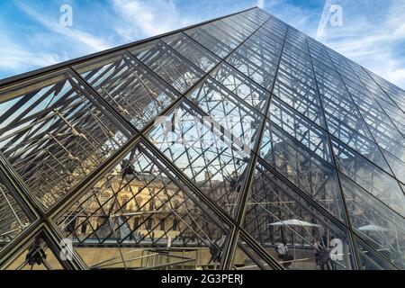 Paris, Frankreich - 29. März 2017: Blick auf das berühmte Louvre Museum mit Louvre Pyramide am Abend. Das Louvre Museum ist eines der größten Stockfoto