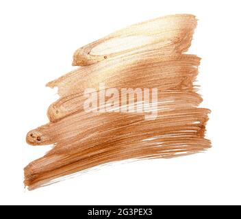 Schöne strukturierte goldene Striche auf weißem Hintergrund isoliert. Gold Aquarell Textur Farbe Fleck abstrakt. Glänzende Bürste stro Stockfoto