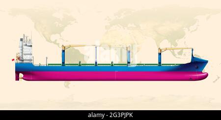 Container-Box Schiff mit 3 Kran, Weltkarte im Hintergrund 3D Seitenansicht Stockfoto