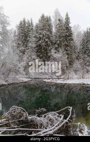 Saula blaue Quellen (siniallikad auf Estnisch) im Schneewinter Stockfoto