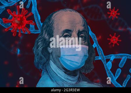 Benjamin Ben Franklin isoliert Gesicht von 100 Dollar Banknote mit Eine Gesichtsmaske auf covid Hintergrund Stockfoto