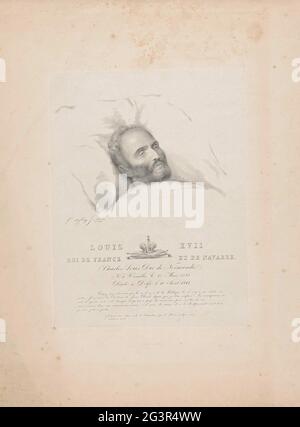 Karl Wilhelm Naundorff auf seinem Sterbebett; Louis XVII ROI DE FRANCE ET DE NAVARRE. Der Dedicated liegt auf einem Bett mit der Decke unter seinem Kinn. Seine Augen sind halb offen. Unter dem Porträt der Name von König Ludwig XVII. Und Regalia. Karl Wilhelm Naundorff behauptete, falsch, der verschwundene König von Frankreich Louis XVII. Unter dem Namen, dem Geburts- und Sterbedatum gibt es einen Auszug aus einem Brief, den er einige Monate vor seinem Tod schrieb. Stockfoto