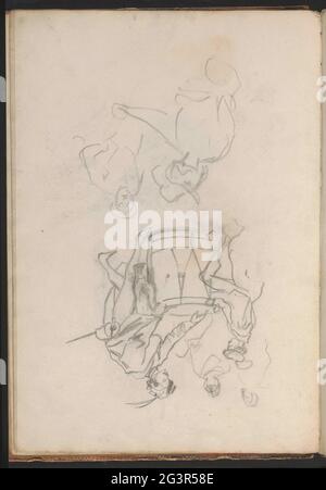 Studienblatt mit Abbildungen. Figuren im siebzehnten Jahrhundert Kostüm an einem Tisch oder Tonne. Blatt 13 Verso aus einem Skizzenbuch mit 33 Blättern und 10 losen Zeichnungen. Stockfoto