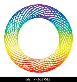 Regenbogenfarbener Ring, Torus, Kreis, Reifen, Rad, Wie eine Spirograph-Zeichnung - Illustration auf weißem Hintergrund. Stockfoto