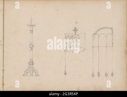 Kerzenhalter. Auch zwei Studien, möglicherweise von Lampen. Rechto aus einem unnummerierten Blatt zwischen den Blättern 19 und 20 aus einem Skizzenbuch mit 77 Blättern. Stockfoto