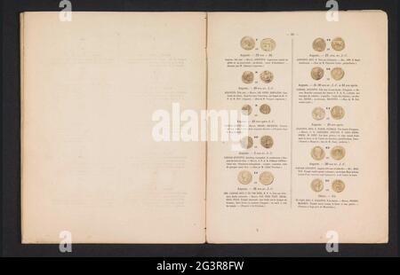 Zehn Münzen mit römischen Kaisern, von vorne und hinten gesehen. Zahlen 7 bis 15: August Nummer 16: Tiberius. Stockfoto