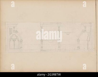 Studienmagazin, unter anderem mit Kirchenfenster und Säulen. Blatt 68 Verso aus einem Skizzenbuch mit 77 Blättern. Stockfoto