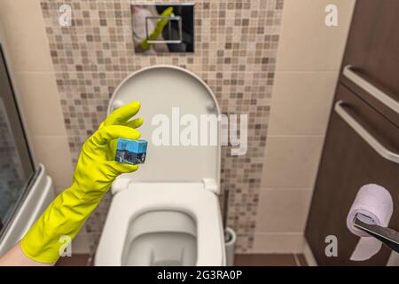 Toilettenwürfel Reiniger in der Hand. Eine Hand senkt einen Desinfektionswürfel in das Wasser einer in die Wand eingebauten Toilettenschüssel Stockfoto