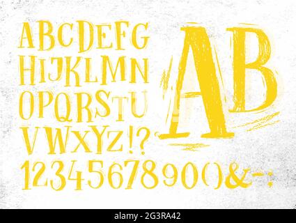 Schrift Bleistift vintage handgezeichnete Alphabet Zeichnung in gelber Farbe auf schmutzigem Papier Hintergrund. Stock Vektor