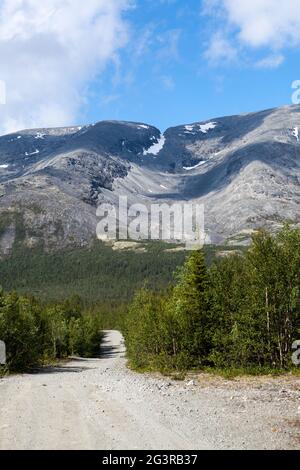 Alte schmutzige Straße, die durch die Wälder im Tal im Chibiny-Massiv, der Halbinsel Kola, nördlich von Russland Stockfoto