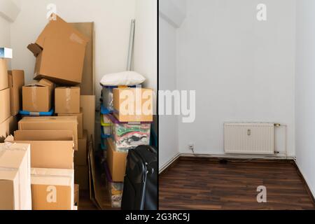 Raumaufdeckvorrichtung Vor Und Nach Dem Zimmer. Unordentliches Haus Stockfoto